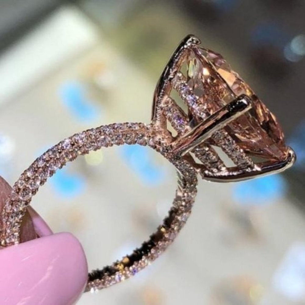 6CT 18K ROSE GOLD HUGE MORGANITE DIAMOND RING, CUTE RING, SHINY RING. - Picture 2 of 4